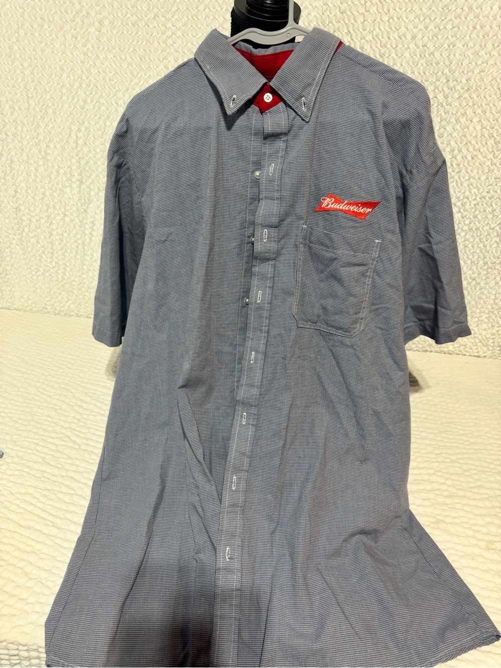 Finity Men's Short Sleeve Button-Down Shirt in Blue with Red Patch Budweiser